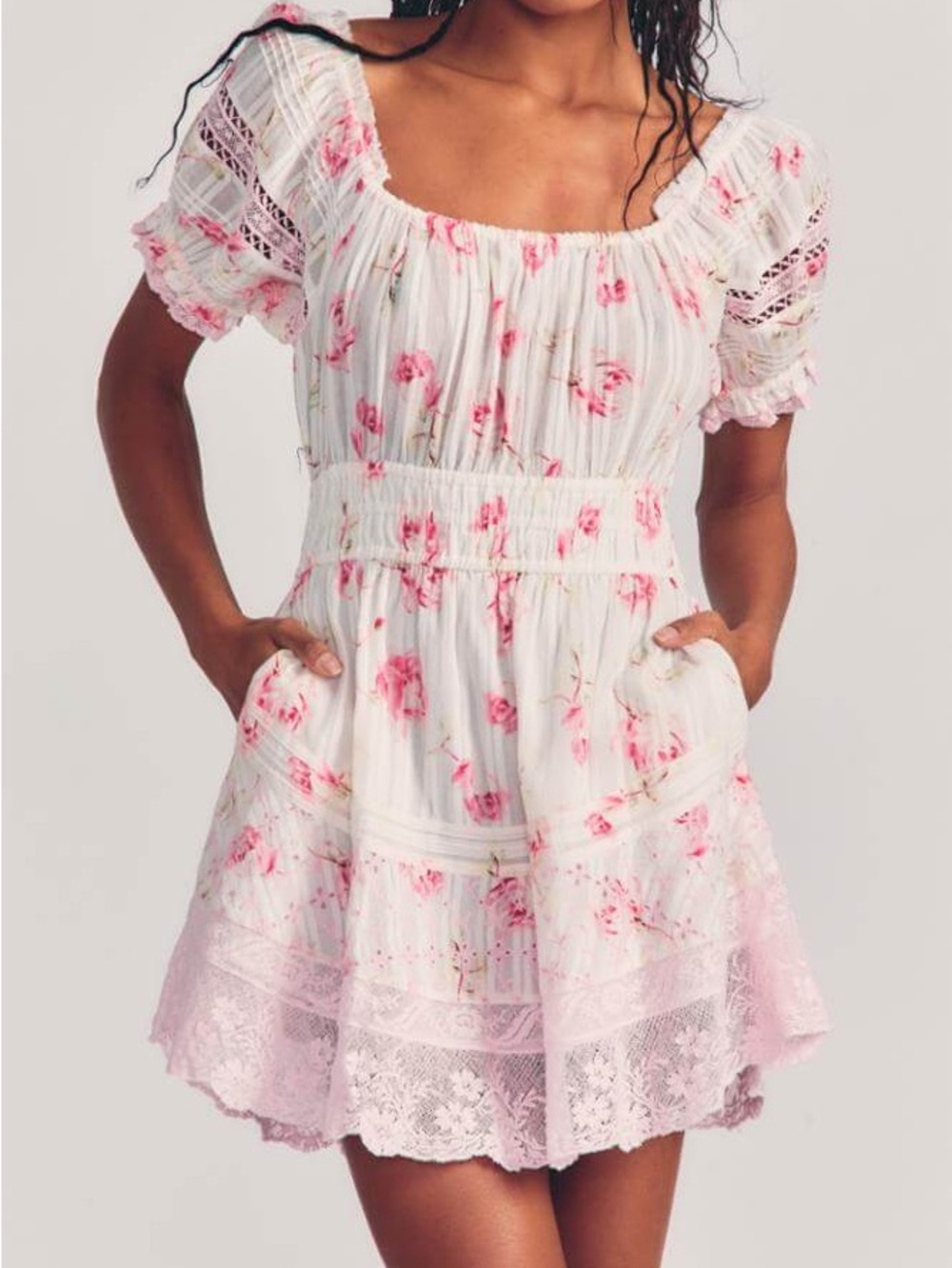 LoveShackFancy White and Pink Floral Lace Pocket Dress